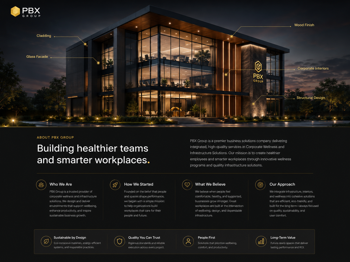 PBX Group modern corporate building showing cladding, glass façade, wood finish, structural design and corporate interiors